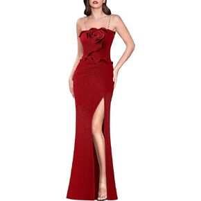 VFSHOW Womens Formal Prom Beaded Spaghetti Strap Ruffle Ruched Maxi Dress Sexy High Slit 3D Flower Wedding Guest Evening Gown