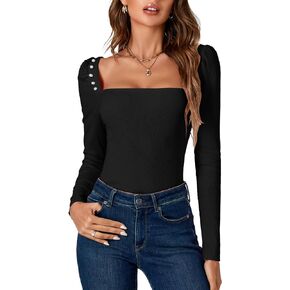 LYANER Women's Rib Knit Square Neck Long Sleeve Elegant Slim Basic Sweater Top Blouse