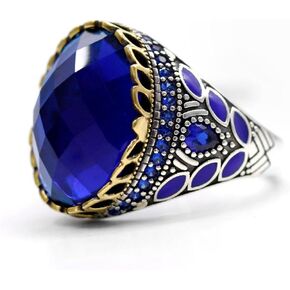 Solid S925 Sterling Silver Men's Ring Blue Crystal Glass Black Agate Red Agate Purple Zircon Turquoise Ring Türkiye Handmade Ring National Style Craft Unique Jewelry