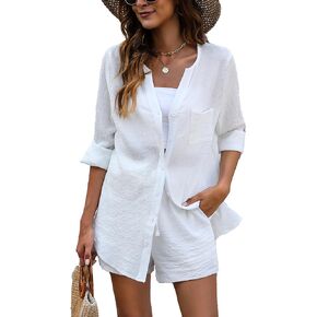 Namifin Women's Two Pieces Outfits Casual Lounge Sets Button Down Shirt and Shorts Matching Pajama Sets