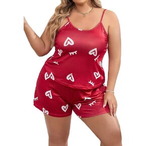 OYOANGLE Women's Plus Size 2 Piece Pajama Sets Heart Print Sleeveless Cami Top and Shorts Lounge Set