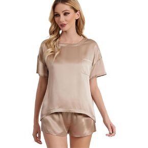 THXSILK Silk Pajamas for Women Pj Sets Short Sleeve Sleepwear Round Neck T-shirt Top with Shorts 2 Pcs