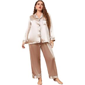 WDIRARA Women's Plus Size Satin Sleepwear Button Front Long Sleeve Shirt and Pants Pajama Set