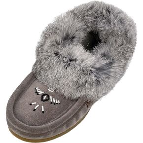 Laurentian Chief Women's Suede Slippers Rabbit Fur Collar Soft Sole Moccasins