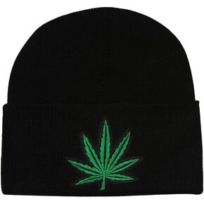 Black Cuff Marijuana Leaf Knitted Beanie