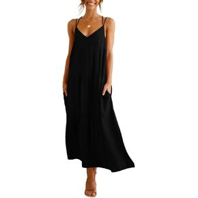 Febriajuce Women’s Summer Maxi Dress Casaul Spaghetti Straps Solid V-Neck Backless Cami Dresses with Two Pockets