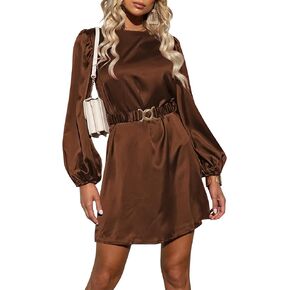 Pink Queen Women's Short Formal Satin Dress 2023 Fall Lantern Long Sleeve Boat Neck Metal Belt Cocktail Party Dresses