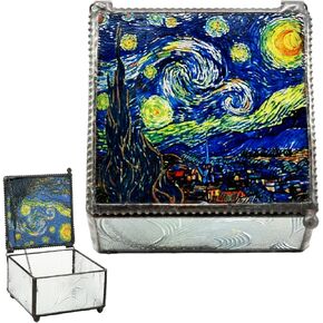 Ebros Vincent Van Gogh Starry Night Stained Art Glass Decorative Box With Metal Frame 4"X4" Museum of Modern Art Trinket Jewelry Box Post Impressionist Art Saint Remy De Provence Window View
