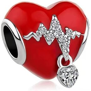 KunBead Red Enamel Heartbeat Love Heart Bead Charms Compatible with Pandora Bracelets