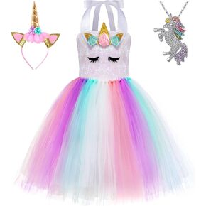 زي Mooedcoe Unicorn للفتيات الصغيرات، مصنوع يدويًا من الترتر بألوان قوس قزح ووحيد القرن توتو لهدايا أعياد الميلاد وديكور الحفلات in Kuwait