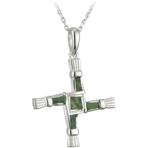 Biddy Murphy Saint Brigid Celtic Cross Pendant Necklace 925 Sterling Silver and Connemara Marble Inlay, Authentic Irish Jewelry Imported from Ireland,18" Length, 7/8" x 1 1/14" Inch