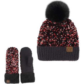 C.C Women Fuzzy Lined Sequin Fur Pom Beanie & Mitten Set
