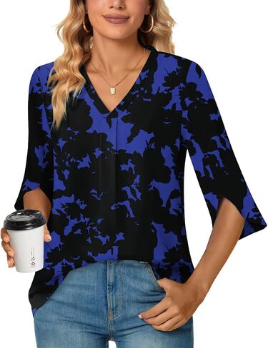 Aodemo Womens Summer 3/4 Sleeve Chiffon Blouse Dressy Top V-Neck Loose Tunic Casual Cute Work Shirt in Saudi Arabia