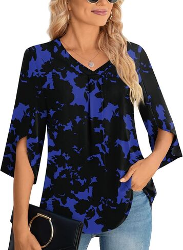 Aodemo Womens Summer 3/4 Sleeve Chiffon Blouse Dressy Top V-Neck Loose Tunic Casual Cute Work Shirt in Saudi Arabia