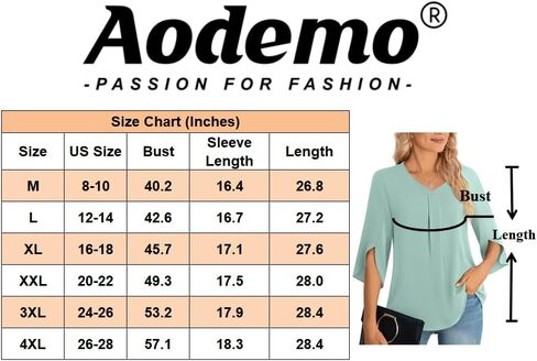 Aodemo Womens Summer 3/4 Sleeve Chiffon Blouse Dressy Top V-Neck Loose Tunic Casual Cute Work Shirt in Saudi Arabia