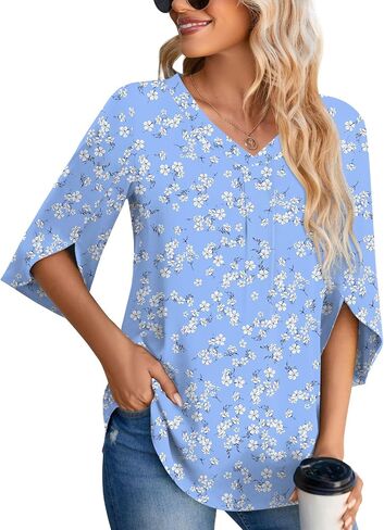 Aodemo Womens Summer 3/4 Sleeve Chiffon Blouse Dressy Top V-Neck Loose Tunic Casual Cute Work Shirt in Saudi Arabia