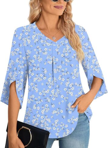 Aodemo Womens Summer 3/4 Sleeve Chiffon Blouse Dressy Top V-Neck Loose Tunic Casual Cute Work Shirt in Saudi Arabia