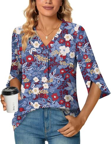 Aodemo Womens Summer 3/4 Sleeve Chiffon Blouse Dressy Top V-Neck Loose Tunic Casual Cute Work Shirt in Saudi Arabia