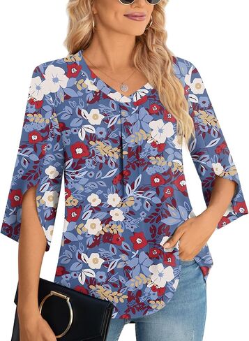 Aodemo Womens Summer 3/4 Sleeve Chiffon Blouse Dressy Top V-Neck Loose Tunic Casual Cute Work Shirt in Saudi Arabia