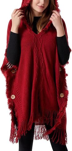 Honmmik Women's Poncho Sweater Dress Wrap Clothing Hooded Shawl Soft Cape Knitted Warm Striped Sweater in Saudi Arabia