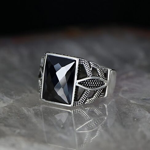 Genuine Facet Cut Black Zircon Stone Mens Silver Ring 925 Sterling Silver Signet Ring for Men Sterling Silver Pinky Ring Gift for Men Gift for Dad in Kuwait