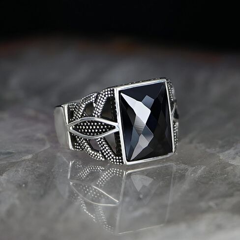 Genuine Facet Cut Black Zircon Stone Mens Silver Ring 925 Sterling Silver Signet Ring for Men Sterling Silver Pinky Ring Gift for Men Gift for Dad in Kuwait