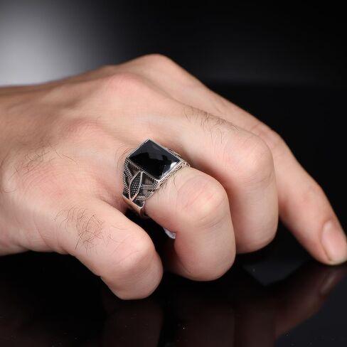 Genuine Facet Cut Black Zircon Stone Mens Silver Ring 925 Sterling Silver Signet Ring for Men Sterling Silver Pinky Ring Gift for Men Gift for Dad in Kuwait