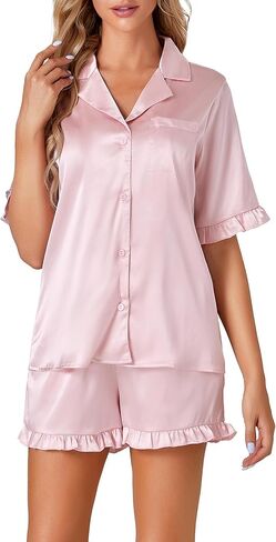طقم بيجامة حريمي من الساتان بياقة على شكل حرف V وأكمام قصيرة مكشكشة مع شورت PJs in Kuwait