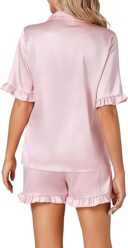 طقم بيجامة حريمي من الساتان بياقة على شكل حرف V وأكمام قصيرة مكشكشة مع شورت PJs in Kuwait