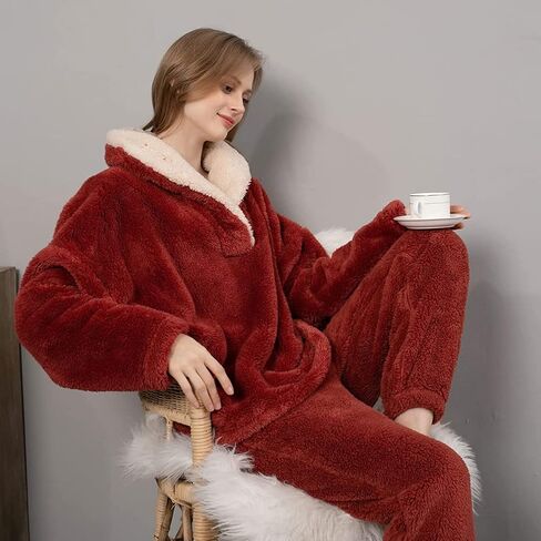 BTPEIHTD Womens Fuzzy Pajamas Set Fleece Sleepwear Pullover Oversized Top and Pants Loose Loungewear in Kuwait