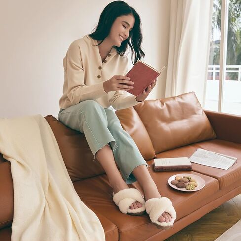 شبشب WaySoft من جلد الغنم الأسترالي الأصلي ذو شريط متقاطع، شبشب فرو شيرلينغ رقيق غامض للنساء للاستخدام الداخلي والخارجي in Kuwait