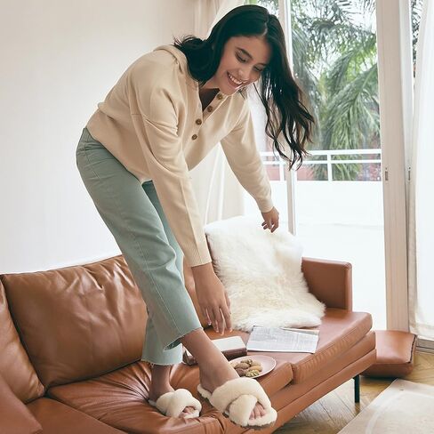 شبشب WaySoft من جلد الغنم الأسترالي الأصلي ذو شريط متقاطع، شبشب فرو شيرلينغ رقيق غامض للنساء للاستخدام الداخلي والخارجي in Kuwait