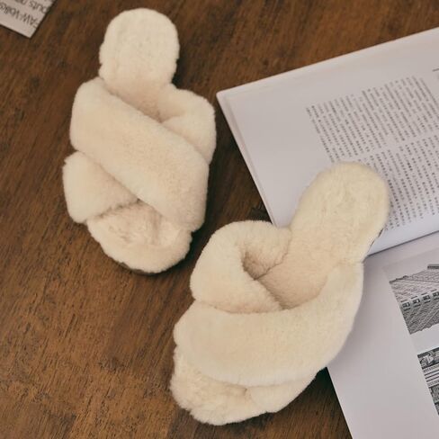 شبشب WaySoft من جلد الغنم الأسترالي الأصلي ذو شريط متقاطع، شبشب فرو شيرلينغ رقيق غامض للنساء للاستخدام الداخلي والخارجي in Kuwait