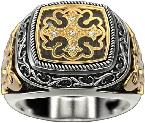 خاتم متقاطع للرجال، خاتم الأزهار المسيحية الصليب الديني خاتم خمر منقوش زهرة خاتم الهيب هوب كريستال الصليب الدائري الرجال الشرير الصليب Signet خاتم المجوهرات هدية عيد الأب الملحقات in Kuwait