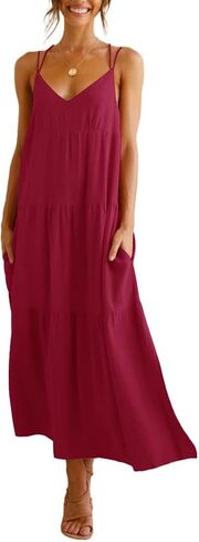Febriajuce Women’s Summer Maxi Dress Casaul Spaghetti Straps Solid V-Neck Backless Cami Dresses with Two Pockets in Saudi Arabia