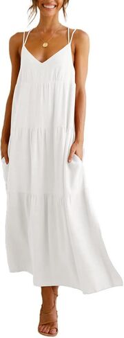 Febriajuce Women’s Summer Maxi Dress Casaul Spaghetti Straps Solid V-Neck Backless Cami Dresses with Two Pockets in Saudi Arabia