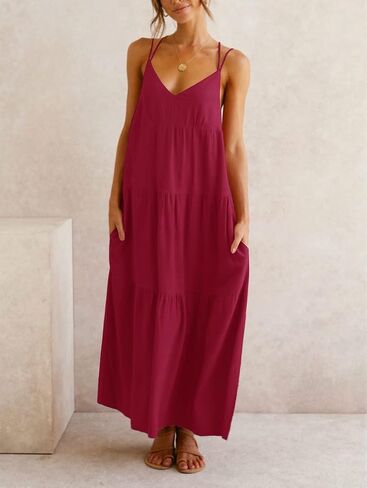 Febriajuce Women’s Summer Maxi Dress Casaul Spaghetti Straps Solid V-Neck Backless Cami Dresses with Two Pockets in Saudi Arabia