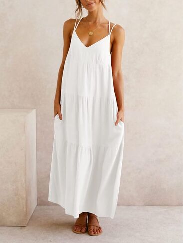 Febriajuce Women’s Summer Maxi Dress Casaul Spaghetti Straps Solid V-Neck Backless Cami Dresses with Two Pockets in Saudi Arabia
