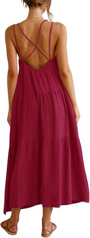 Febriajuce Women’s Summer Maxi Dress Casaul Spaghetti Straps Solid V-Neck Backless Cami Dresses with Two Pockets in Saudi Arabia