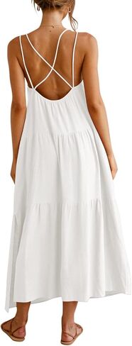 Febriajuce Women’s Summer Maxi Dress Casaul Spaghetti Straps Solid V-Neck Backless Cami Dresses with Two Pockets in Saudi Arabia