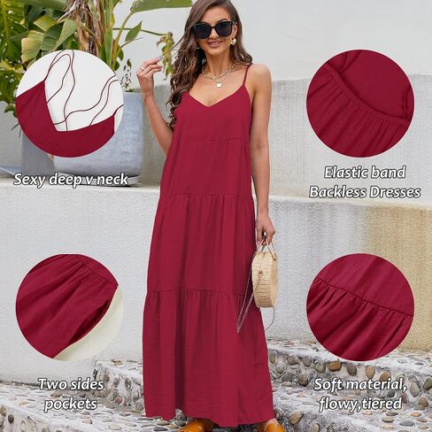 Febriajuce Women’s Summer Maxi Dress Casaul Spaghetti Straps Solid V-Neck Backless Cami Dresses with Two Pockets in Saudi Arabia