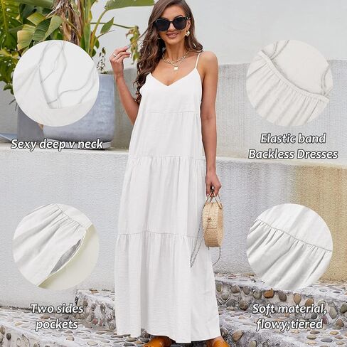 Febriajuce Women’s Summer Maxi Dress Casaul Spaghetti Straps Solid V-Neck Backless Cami Dresses with Two Pockets in Saudi Arabia