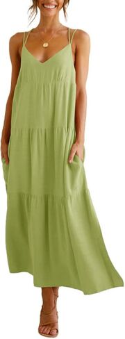 Febriajuce Women’s Summer Maxi Dress Casaul Spaghetti Straps Solid V-Neck Backless Cami Dresses with Two Pockets in Saudi Arabia
