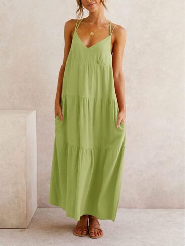 Febriajuce Women’s Summer Maxi Dress Casaul Spaghetti Straps Solid V-Neck Backless Cami Dresses with Two Pockets in Saudi Arabia