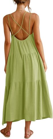 Febriajuce Women’s Summer Maxi Dress Casaul Spaghetti Straps Solid V-Neck Backless Cami Dresses with Two Pockets in Saudi Arabia