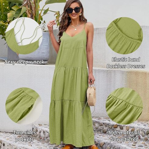 Febriajuce Women’s Summer Maxi Dress Casaul Spaghetti Straps Solid V-Neck Backless Cami Dresses with Two Pockets in Saudi Arabia
