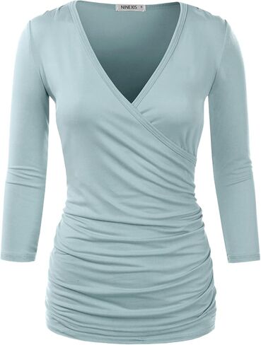 DOUBLJU 3/4 Sleeve Satin Ruched Hem Tank Tops Deep V Neck Tops Casual Basic Wrap Style for Womens with Plus Size in Saudi Arabia