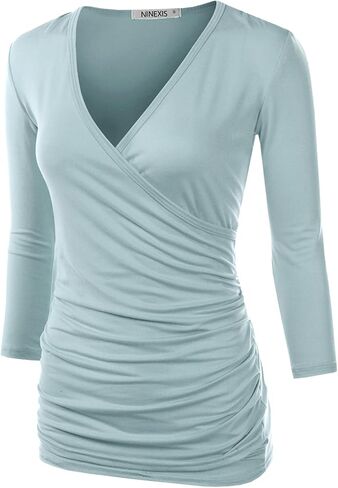 DOUBLJU 3/4 Sleeve Satin Ruched Hem Tank Tops Deep V Neck Tops Casual Basic Wrap Style for Womens with Plus Size in Saudi Arabia
