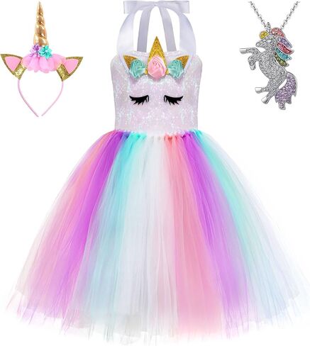 زي Mooedcoe Unicorn للفتيات الصغيرات، مصنوع يدويًا من الترتر بألوان قوس قزح ووحيد القرن توتو لهدايا أعياد الميلاد وديكور الحفلات in Kuwait