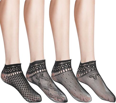 4 Pairs Lace Ankle Socks for Women, Women's Black Dress Socks Elastic Frilly Fishnet Socks See -Through Mesh Lace Socks Hollow out Net Sheer Socks for Women Girls in Saudi Arabia